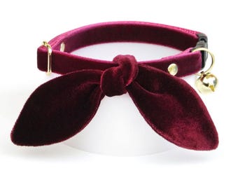 Wine Velvet Cat Collar and Bunny Ear Bow Set - "Velvet - Merlot" - Burgundy Cat Collar with Bunny Bow Tie, Soft Breakaway Girl Cat Collar