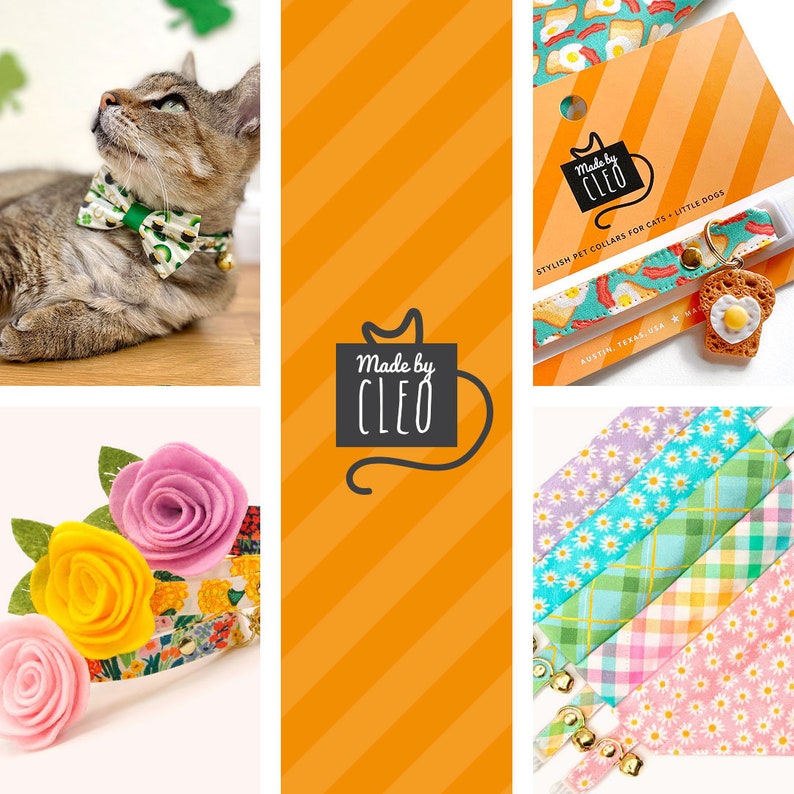 K&ouml;nnte beinhalten: Eine Sammlung bunter Katzenhalsb&auml;nder mit verschiedenen Mustern, darunter Blumen, Karos und ein Fr&uuml;hst&uuml;cks-Thema. Die Halsb&auml;nder werden von Made by Cleo hergestellt und sind stilvoll f&uuml;r Katzen und kleine Hunde. Die Halsb&auml;nder haben eine Glocke und einen Anh&auml;nger.