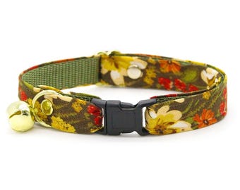 Floral Cat Collar - "Autumn Fields" - Olive Green Wildflower Cat Collar / Breakaway or Non-Breakaway / Fall + Thanksgiving / Cat + Small Dog