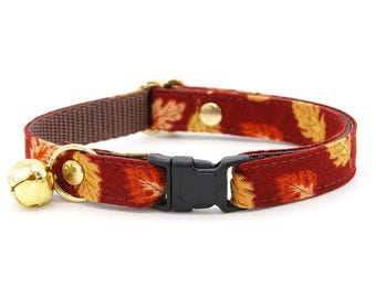 Fall Cat Collar - "Acorn Hill" - Burgundy Autumn Leaves Cat Collar / Breakaway or Non-Breakaway / Thanksgiving / Cat, Kitten + Small Dog