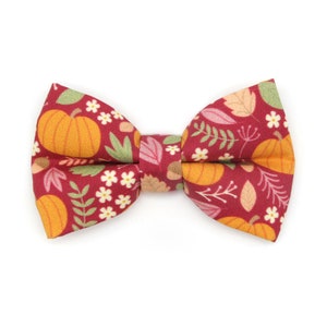 May include: A red bow tie with a fall-themed print featuring pumpkins, leaves, and flowers.