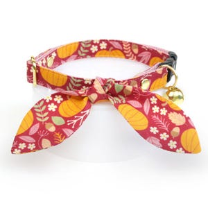 Pumpkin Cat Collar and Bunny Ear Bow Set - "Pumpkin Patch - Cranberry" - Burgundy Fall Cat Collar and Bunny Bow Tie, Thanksgiving Cat Collar