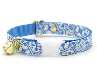 Blue Cat Collar - "Azulejos" - Mediterranean Cat Collar / Breakaway or Non-Breakaway / Summer, Spanish, Greek / Cat, Kitten + Small Dog Size