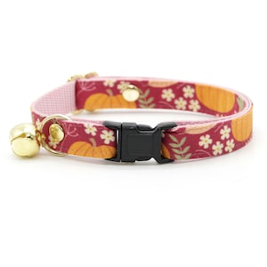 May include: A red and pink cat collar with a pumpkin and flower pattern. The collar has a black buckle and a gold bell.
