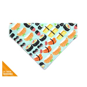 Sushi Cat Bandana - "Sushi Date" - Bandana for Cat + Small Dog / Cat Gift / Japanese / Fish / Slide-on Bandana / Over-the-Collar