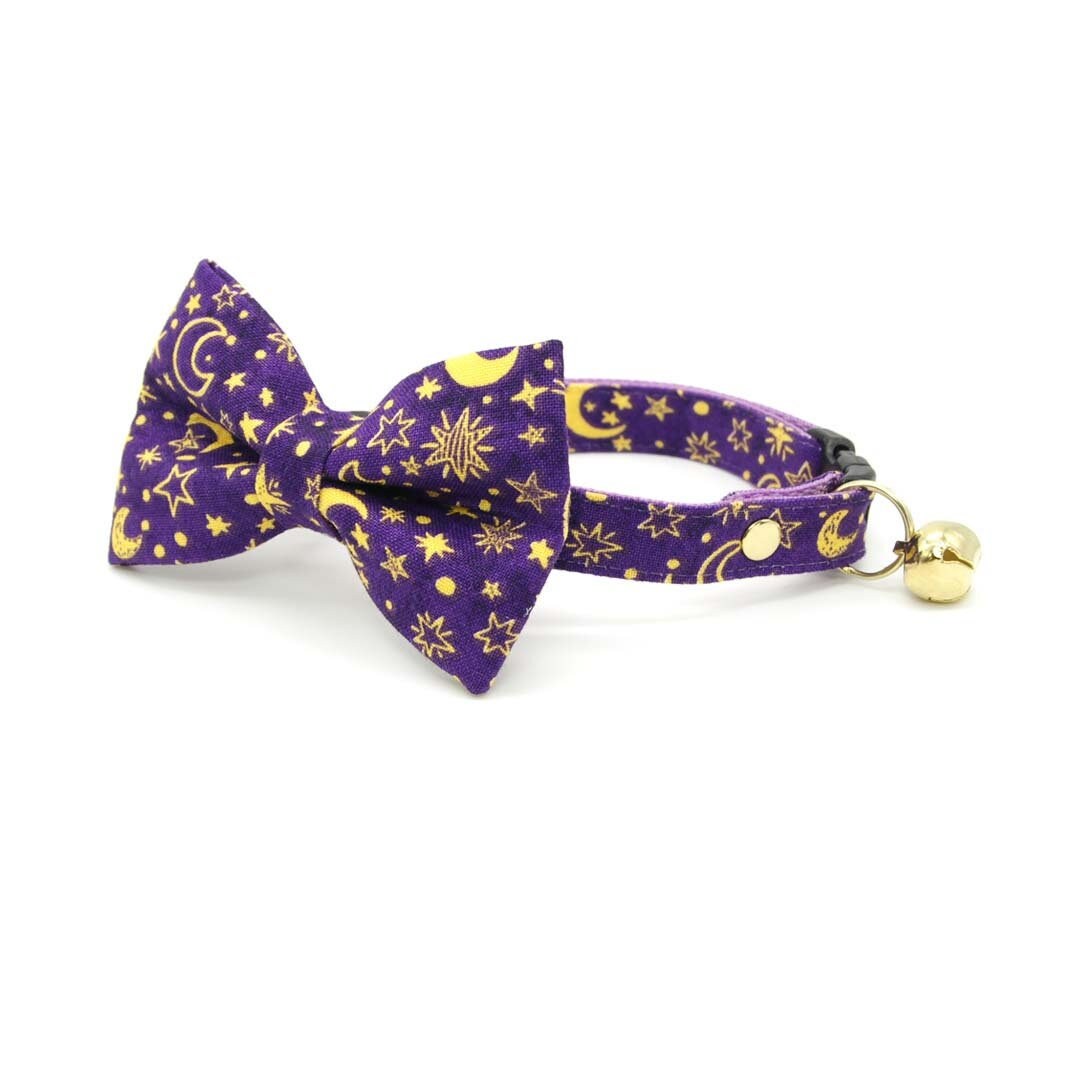 Bow Tie Cat Collar Set moonlight Purple Stars & Moon Cat Collar W/ Matching Bow / Night Lunar