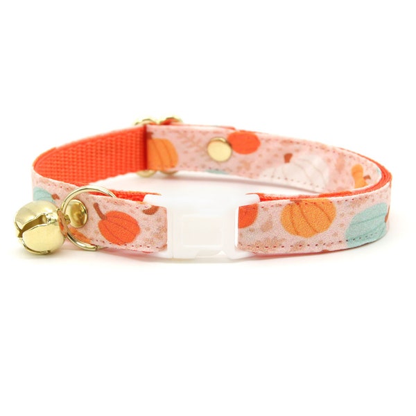 Cat Collar - "Gourd Times" - Pumpkin Cat Collar / Breakaway or Non-Breakaway / Fall, Thanksgiving, Peach, Orange & Mint / Cat + Small Dog