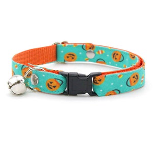 Pumpkin Cat Collar - &quot;Party Pumpkins&quot; - Halloween Cat Collar / Breakaway + Non-Breakaway / Turquoise Mint / Cat + Kitten Sizes