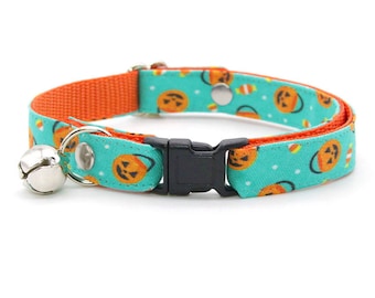 Pumpkin Cat Collar - "Party Pumpkins" - Halloween Cat Collar / Breakaway + Non-Breakaway / Turquoise Mint / Cat + Kitten Sizes