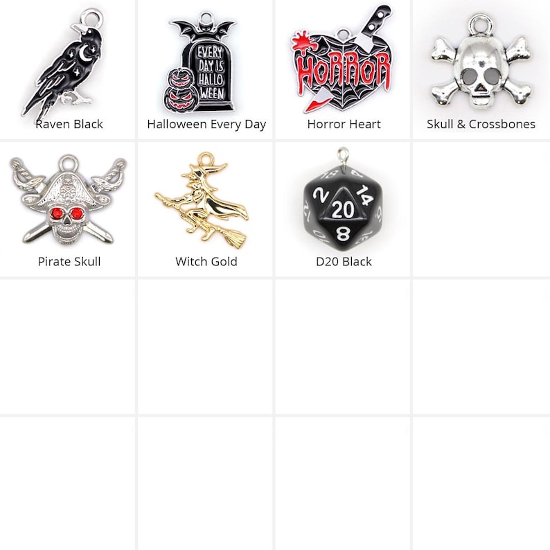 May include: A collection of seven metal charms including a black raven, a tombstone with text reading Halloween Every Day, a heart with a knife and the word Horror, a skull and crossbones, a pirate skull, a gold witch, and a black D20 die.