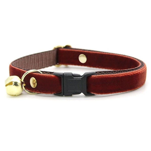 Cat Collar - "Velvet - Mahogany" - Luxury Velvet Cat Collar Breakaway / Solid Color Russet Brown / Wedding / Cat, Kitten & Small Dog Sizes