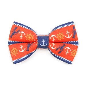 Cat Bow Tie - "Nautical Sunset" - Coral Red Anchor & Lobster Bow Tie for Cat Collar / Summer, Preppy, Yacht / Cat, Kitten + Small Dog Bowtie
