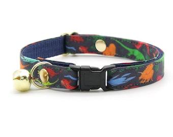 Cat Collar - "Dinosaurus Rex" - Colorful Dinosaur Cat Collar / Breakaway + Non-Breakaway / Animal, Fun, Boy Cat / Cat + Kitten Sizes