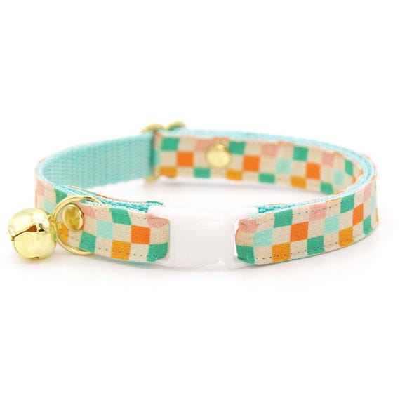 Retro Checkered Cat Collar - "Checkmate" - Pastel Groovy Y2K Checkerboard Cat Collar Breakaway / Summer, Fall, Trendy, Checked Vintage Cat