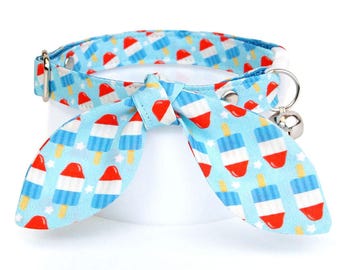 Popsicle Cat Collar + Bunny Ear Bow Set - "Rocket Pop" - 4th of July Cat Collar + Bunny Bow Tie Scarf, USA, Patriotic Breakaway Cat Collar