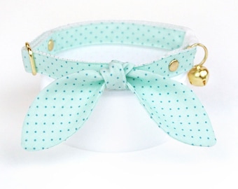 Mint Cat Collar and Bunny Ear Bow Set - "Mint To Be" - Polka Dot Cat Collar with Bunny Bow Tie, Spring Summer Easter Breakaway Cat Collar