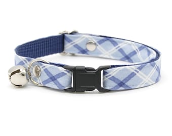 Cat Collar - "Skye" - Light Blue Plaid Cat Collar / Breakaway or Non-Breakaway / Preppy, Winter / Cat, Kitten, Small Dog Sizes