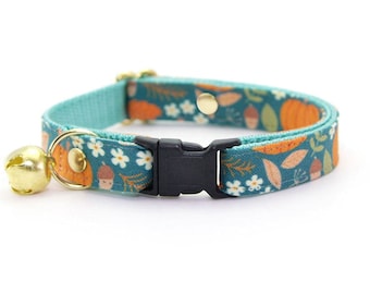 Cat Collar - "Pumpkin Patch - Teal" - Fall Harvest Cat Collar / Breakaway or Non-Breakaway / Autumn,Thanksgiving / Cat + Small Dog Sizes