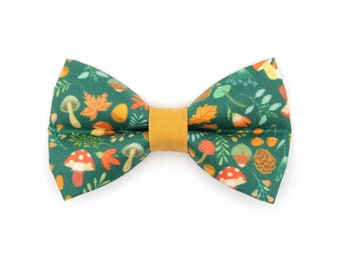 Cat Bow Tie - "Forest Fantasy" - Woodland Medley Green Bow Tie for Cat Collar / Mushrooms, Acorns / Cat, Kitten + Small Dog Bow (ONE SIZE)