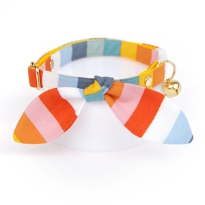 Rainbow Stripe Cat Collar and Bunny Ear Bow Set - "Carousel" - Preppy Cat Collar with Bunny Bow Tie, Colorful Sailing Breakaway Cat Collar