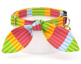 Rainbow Stripe Cat Collar + Bunny Ear Bow Set - "Technicolor Dream" - Modern Cat Collar + Bunny Bow Tie On Scarf, Fun Breakaway Cat Collar