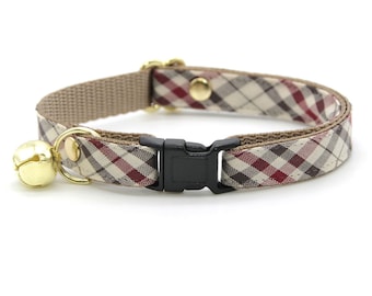 Cat Collar - "Newberry" - Beige Tan Plaid Cat Collar / Breakaway or Non-Breakaway / Luxury, Elegant, Sherlock,Winter / Cat + Small Dog Sizes