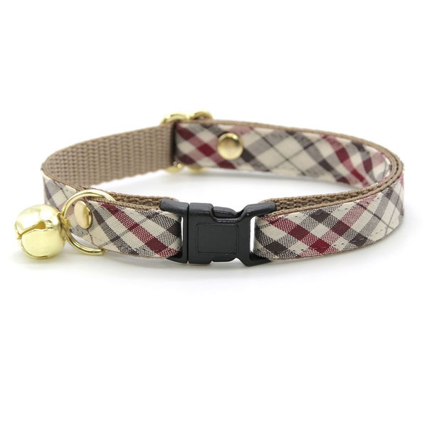 Cat Collar - "Newberry" - Beige Tan Plaid Cat Collar / Breakaway or Non-Breakaway / Luxury, Elegant, Sherlock,Winter / Cat + Small Dog Sizes