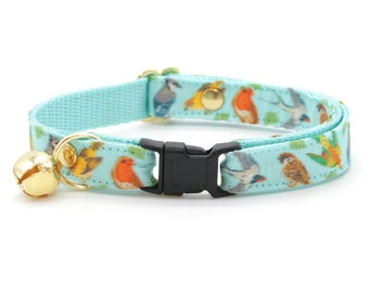 Cat Collar - "Birds of a Feather" - Robin's Egg Blue Bird Cat Collar / Gift for Cat Mom / Breakaway or Non-Breakaway / Cat,Kitten,Small Dog