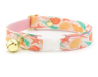 Cat Collar - "Seashell Beach" - Peach, Aqua & Coral Pink Shell Cat Collar / Breakaway or Non-Breakaway / Summer, Ocean / Cat + Small Dog