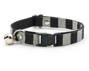 Cat Collar - "Unexpected Guest" - Black & Gray Striped Cat Collar / Breakaway or Non-Breakaway / Halloween, Beetlejuice / Cat + Small Dog