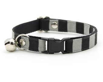 Cat Collar - "Unexpected Guest" - Black & Gray Striped Cat Collar / Breakaway or Non-Breakaway / Halloween,Fester,Pugsley / Cat + Small Dog