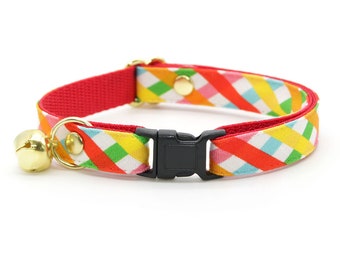 Cat Collar - "Maypole" - Rainbow Plaid Cat Collar / Breakaway or Non-Breakaway / Birthday, Fiesta, Spring, Summer / Cat, Kitten + Small Dog