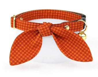 Houndstooth Cat Collar + Bunny Ear Bow Set - "Pumpkin Spice" - Burnt Orange Fall Cat Collar + Bunny Bow Tie, Thanksgiving Breakaway Collar