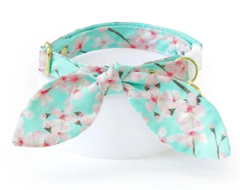 Cherry Blossom Cat Collar + Bunny Ear Bow Set - "Cherry Blossoms" - Spring Floral Cat Collar + Bunny Bow Tie Scarf, Breakaway Cat Collar