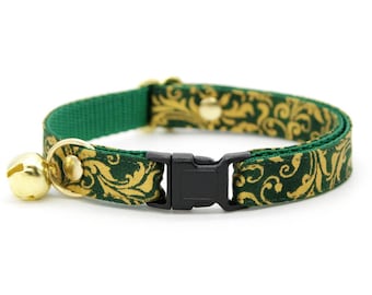 Regal Cat Collar - "Royal Emerald" - Gold & Green Cat Collar / Medieval, Victorian, Fancy / Breakaway or Non-Breakaway / Cat + Small Dog