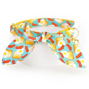 Egg Cat Collar and Bunny Ear Bow Set - "Breakfast Club" - Bacon, Egg & Toast Cat Collar + Bunny Bow Tie On Scarf, Food Breakaway Cat Collar