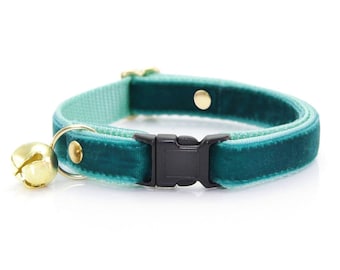 Cat Collar - "Velvet - Ocean Teal" - Luxury Velvet Cat Collar Breakaway / Solid Color Blue-Green / Wedding / Cat, Kitten & Small Dog Sizes