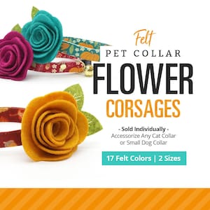 May include: Felt pet collar flower corsages with text reading Felt Pet Collar Flower Corsages, Sold Individually, Accessorize Any Cat Collar or Small Dog Collar, and 17 Felt Colors | 2 Sizes. Features magenta, teal, and mustard felt roses.