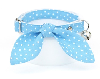 Chambray Cat Collar + Bunny Ear Bow Set - "Lucky Star" - Light Blue Star Cat Collar + Bunny Bow Scarf Tie, Cute Spring + Summer Cat Collar