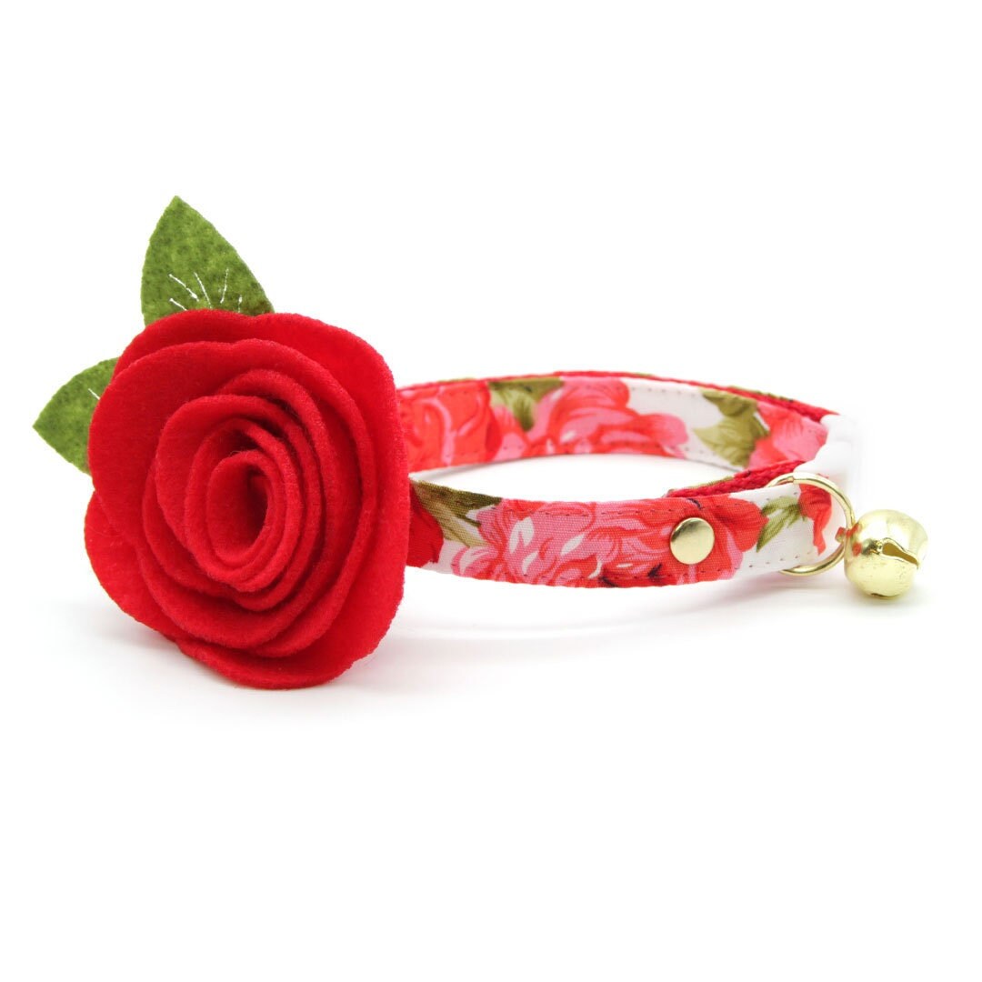 Cat Collar Flower Set roses Red Rose Cat Collar W/ Scarlet Red Felt Flower / Valentine's Day
