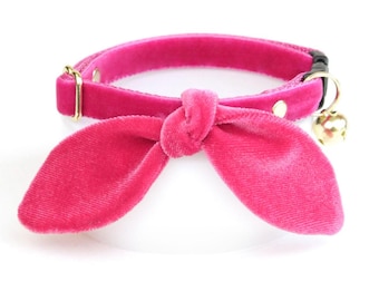 Magenta Velvet Cat Collar and Bunny Ear Bow Set - "Velvet - Azalea" - Vibrant Pink Cat Collar + Bunny Bow Tie,Soft Breakaway Girl Cat Collar