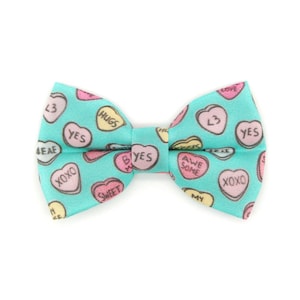 Cat Bow Tie - &quot;Conversation Hearts - Mint&quot; - Valentine&#39;s Day Candy Heart Sayings Bow Tie for Cat Collar / Cat, Kitten, Small Dog Bowtie