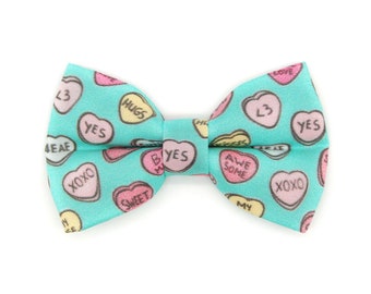 Cat Bow Tie - "Conversation Hearts - Mint" - Valentine's Day Candy Heart Sayings Bow Tie for Cat Collar / Cat, Kitten, Small Dog Bowtie