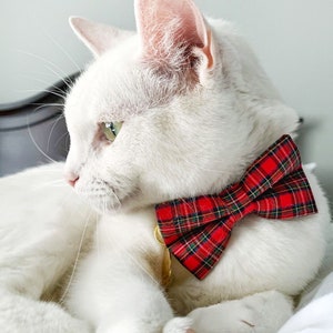 Bow Tie Cat Collar Set - "Hearthside" - Holiday Red Tartan Plaid Collar + Matching Bow Tie / Christmas, Stewart / Cat, Kitten, Small Dog