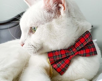 Bow Tie Cat Collar Set - "Hearthside" - Holiday Red Tartan Plaid Collar + Matching Bow Tie / Christmas, Stewart / Cat, Kitten, Small Dog