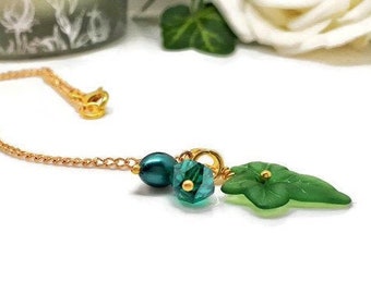 Green Teal Glass Pearl and Crystal with Lucite Leaf Lariat Gold Plated Necklace
