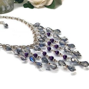 Purple Pearl & Crystal Waterfall Necklace | Aurora Borealis Drop | Statement Gift for Her