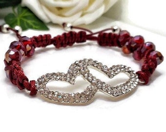 Crystal Rhinestone Interlinked Hearts Macrame Bracelet