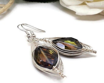 Olive Green Glass  Wire Wrapped Silver Herringbone Earrings