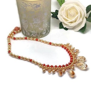 Apricot Crystal & Sunset Pearl Necklace: Rose Gold Clasp, Feminine Jewelry